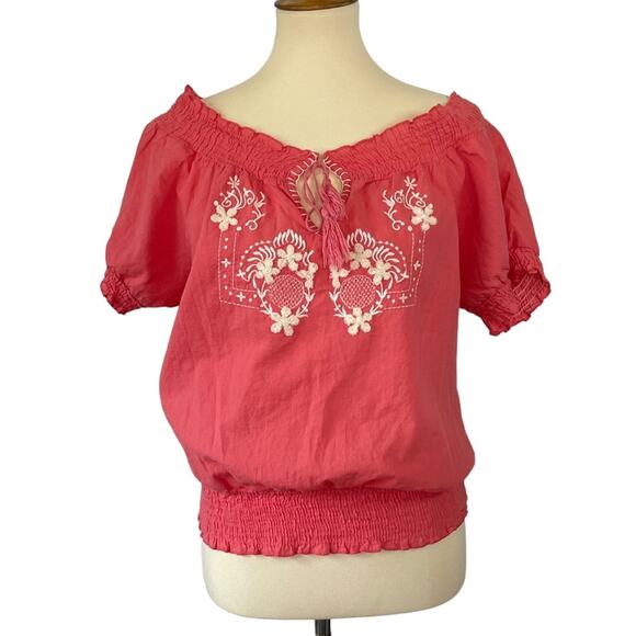 Embroidered Lightweight Cotton Cottage Blouse Bare Shoulder Red Boho Size Large - Picture 1 of 4